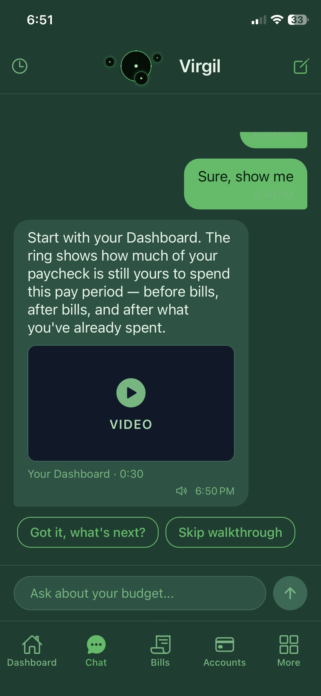 BudgetPod — Virgil chat